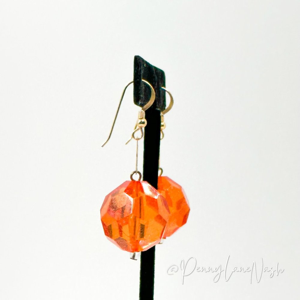 Vintage Single Sphere Orange Bead Dangle Hook Earrings - Picture 4 of 8